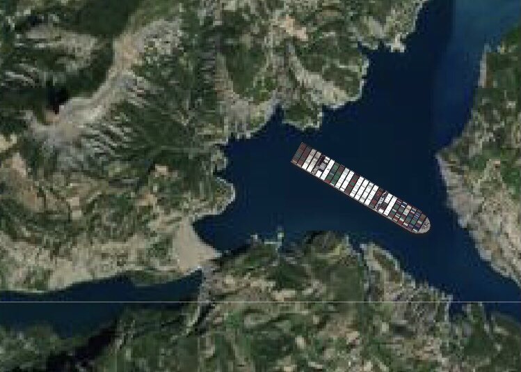 Donc il existe une appli pour placer le "Ever given" où on veut sur la planète : ici sur Serre-Ponçon 😂 Voilà son adresse : evergiven-everywhere.glitch.me