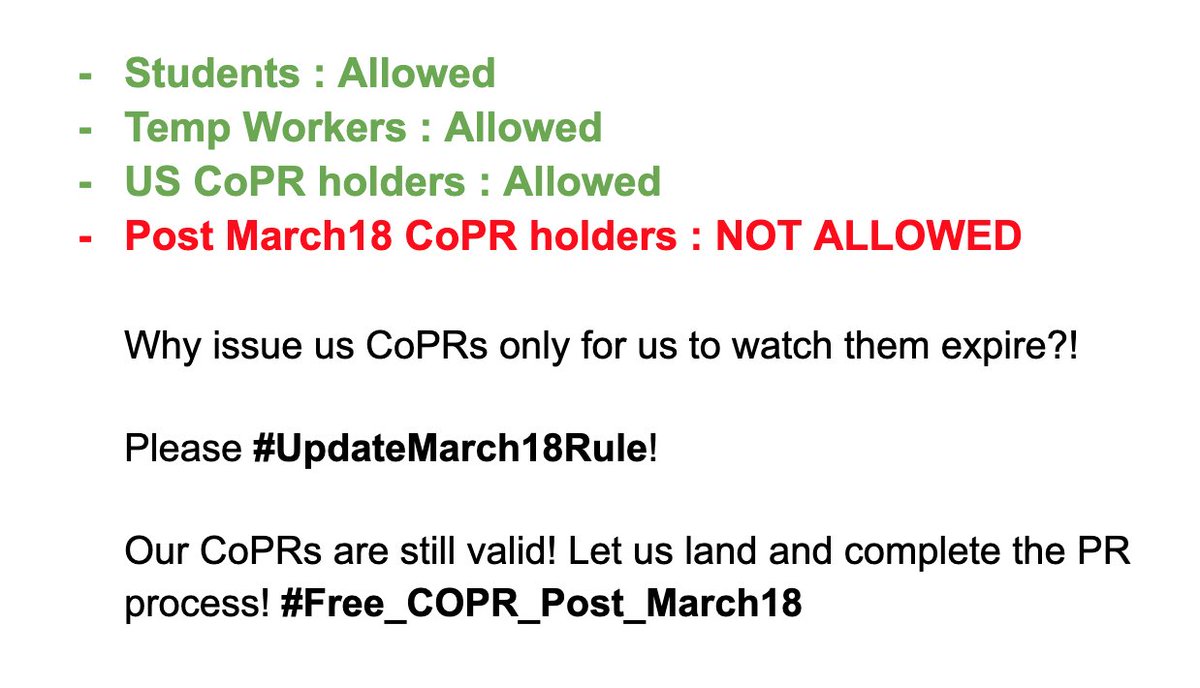 JayShar91919426's tweet photo. #Free_COPR_Post_March18 @marcomendicino @CanadianPM @liberal_party @CPC_HQ 

How is it right that ppl approved for PR are NOT ALLOWED to land while students &amp; TEMP foreign workers are allowed in!

We will follow the same quarantine rules! Please EXEMPT US &amp; let us land. Help us! https://t.co/G84Kz2DRmp
