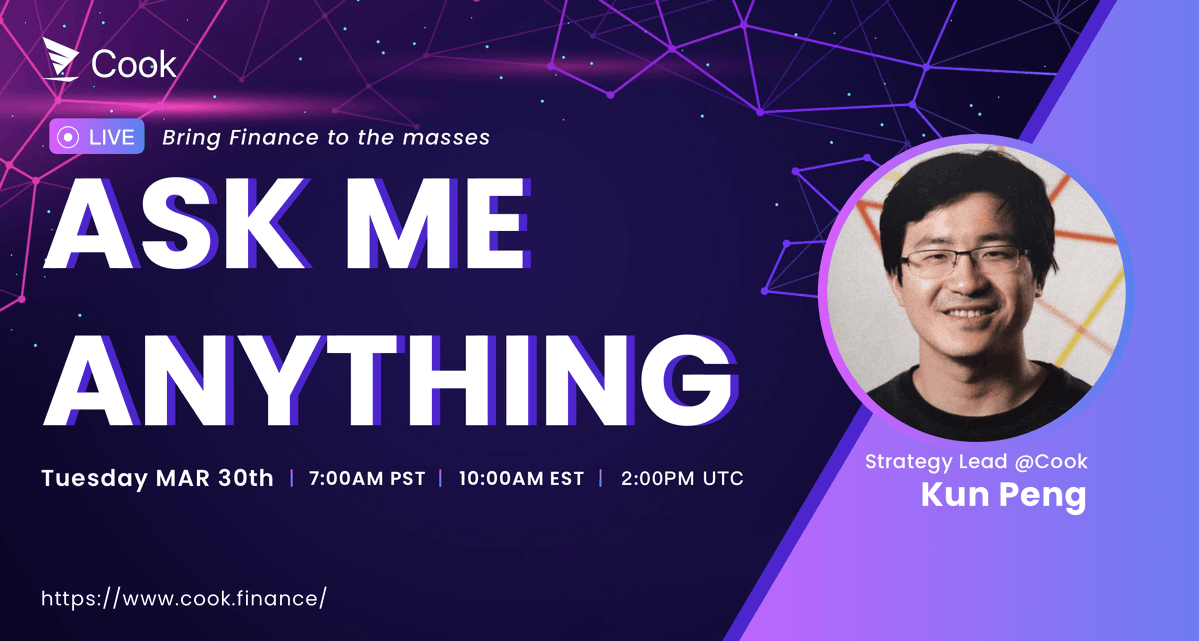 TUESDAY! Participate in our #AMA with Kun Peng

Retweet us &amp; reply to this tweet to share your questions with KP!

⏰ Tuesday 3/30 10AM EST

📍t.me/cook_english

🤑 500$ reward pool! Distribution will be 2 days after AMA at the price of Uniswap listing in either BSC or HECO