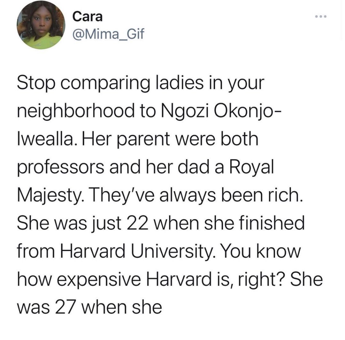 GistReel's tweet photo. Stop comparing ladies to Ngozi Okonjo-Iwealla https://t.co/08VV93a9Tt