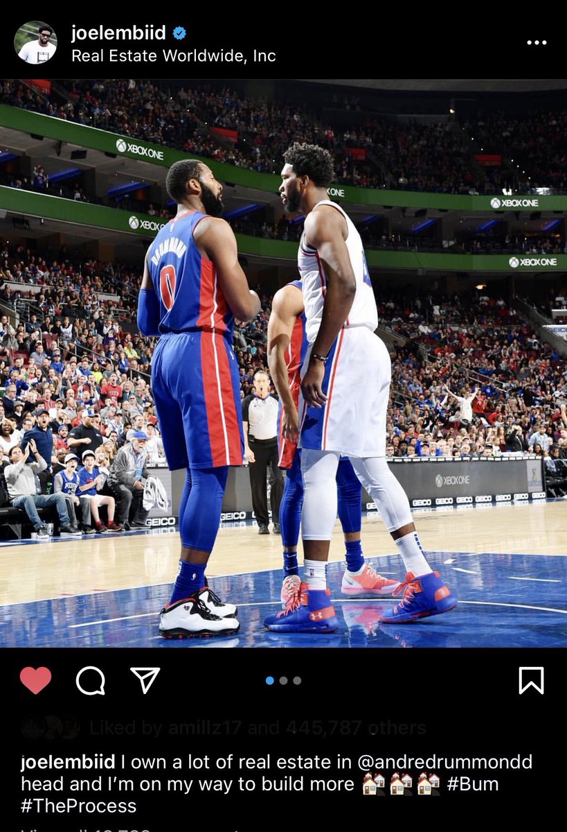 NinjaBands's tweet photo. Never forget when Joel Embiid called Andre Drummond a bum on Instagram https://t.co/ZNMpEcfzOR