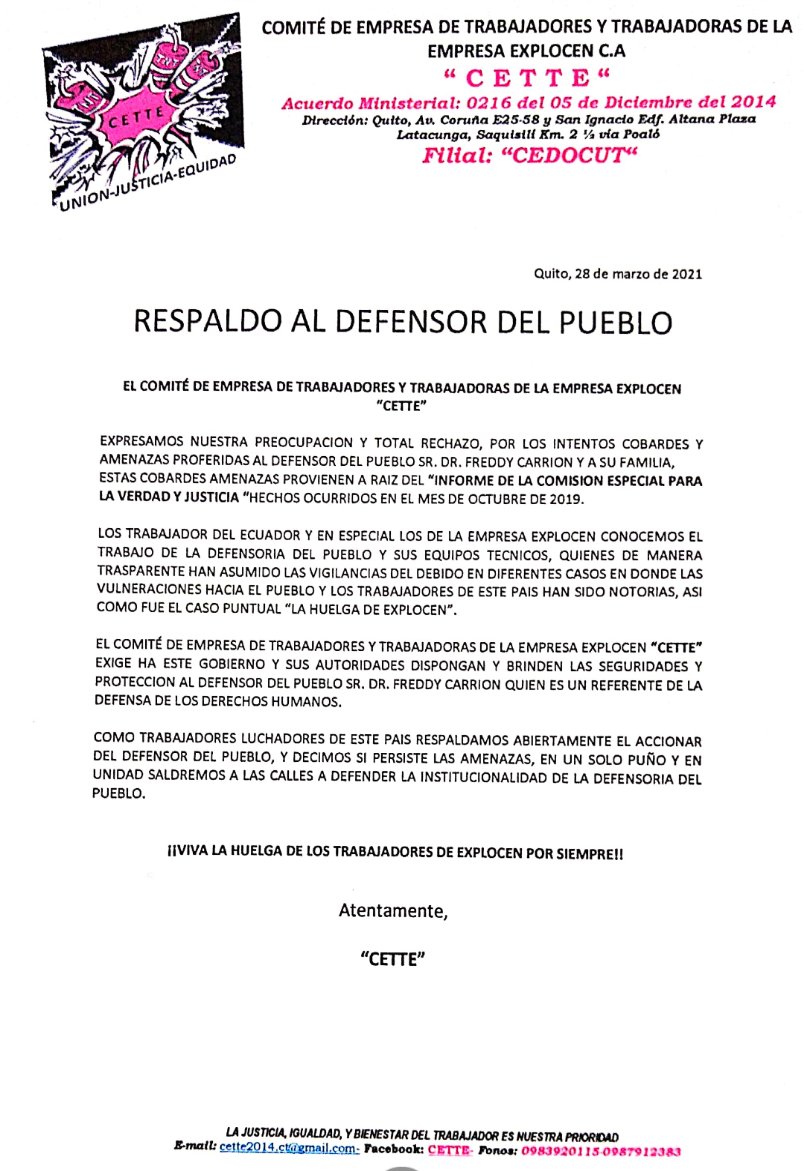 ComiteCt's tweet photo. EXPRESAMOS NUESTRA PREOCUPACIÓN Y TOTAL RECHAZO , POR LOS INTENTOS COBARDES Y AMENAZAS PROFERIDAS AL DEFENSOR DEL PUEBLO DR Freddy Carrión Intriago .
ESTAMOS ATENTOS.
La lucha sigue......
@LeonidasIzaSal1 @Lenin @pequeandrea @PoliciaEcuador @freddcarrion https://t.co/7PG887U4I0