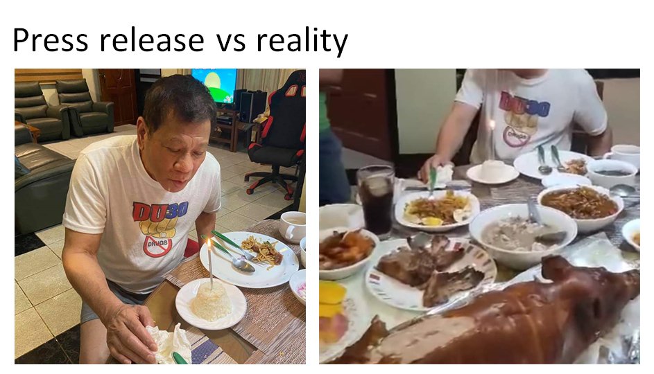 ogie_rosa's tweet photo. Sorry, I deleted this tweet last night as I felt we should just leave Duterte alone on his bday. But realizing how the left photo has FOOLED SO MANY FILIPINOS into believing he had a "very simple" celebration, naku IBALIK NATIN for posterity. https://t.co/1CJPsg5Ka2