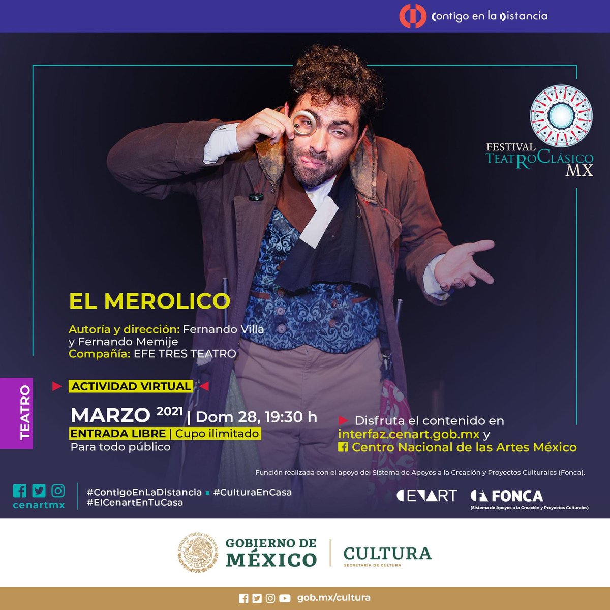 _MenuTeatral's tweet photo. Hoy a las 19:30 hrs no te pierdas #ElMerolico a través de @InterfazCenart como parte del Festival @teatroclasicomx.

Disfruta de esta divertida propuesta de manera gratuita y redescubre grandes clásicos del teatro. https://t.co/1gxflSjNXB