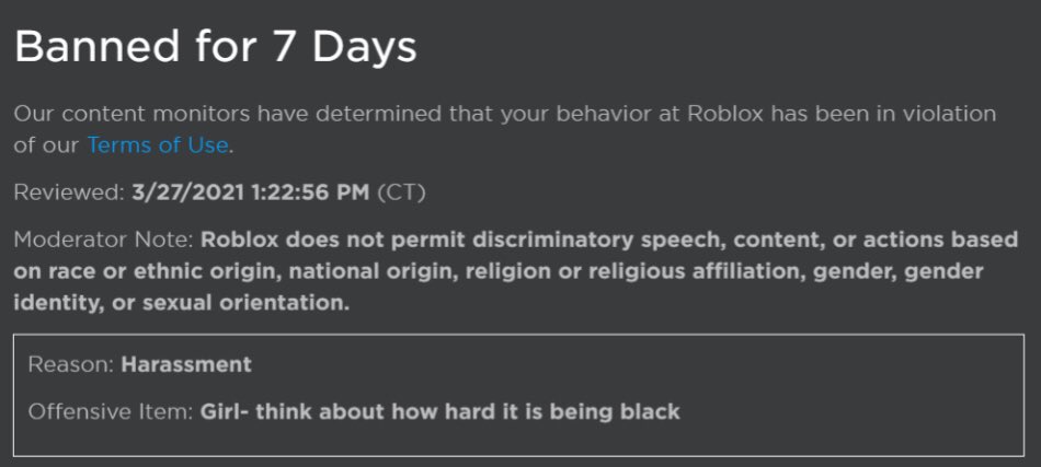 ItsNotLocked's tweet photo. My 10-year-old Black daughter plays @Roblox daily. Today she was banned for defending herself &amp; reporting another user who commented “Black people are bad &amp; slavery should be brought back.” My daughter replied as below &amp; was banned for a week. #BLM #RT https://t.co/UCaU8O7XP3