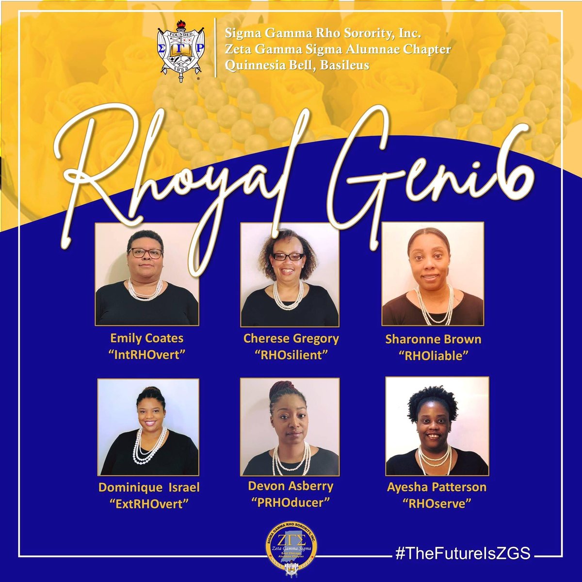 ZGS_SGRho's tweet photo. Congratulations to our Spring 2021 Torch Class! 
RHOyal Geni6 
1. Emily Coates- IntRHOvert
2. Cherese Gregory- RHOsilient
3. Sharonne Brown- RHOliable
4. Dominique Israel- ExtRHOvert
5. Devon Asberry- PRHOducer
6. Ayesha Patterson- RHOserve
Welcome Sorors!#theFutureisZGS https://t.co/Rcv2ScykBA
