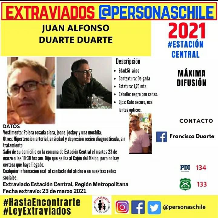 CarladeMatthewG's tweet photo. Sigue sin aparecer Don Juan Duarte.
Ya son 5 días.😕
Ojalá alguien entregue información.
Por mientras, por favor, ayuden a difundir.🙏🏻✨✨
@Personaschile
#JuanDuarte https://t.co/Op2R5aAEkn