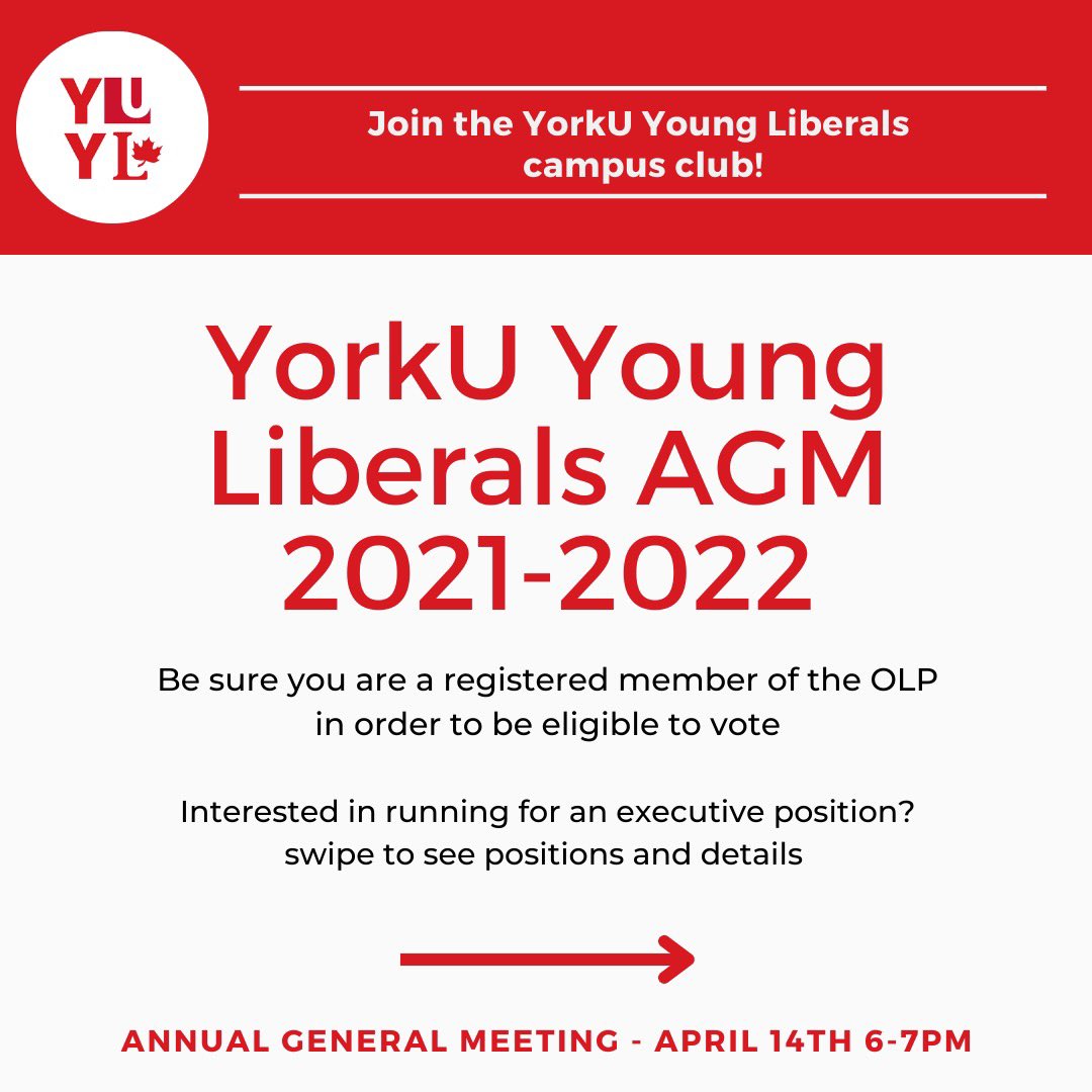 yorkuliberals's tweet photo. Interested in being part of the YUYL executive team? YUYL is having an AGM on April 14th! 

All #YUYL Members are to be registered with the #OLP in order to be eligible to vote at the AGM 

Please register w/ OLP &amp; fill out the google form if interested in running by MARCH 31st! https://t.co/2fxoOsrAZw