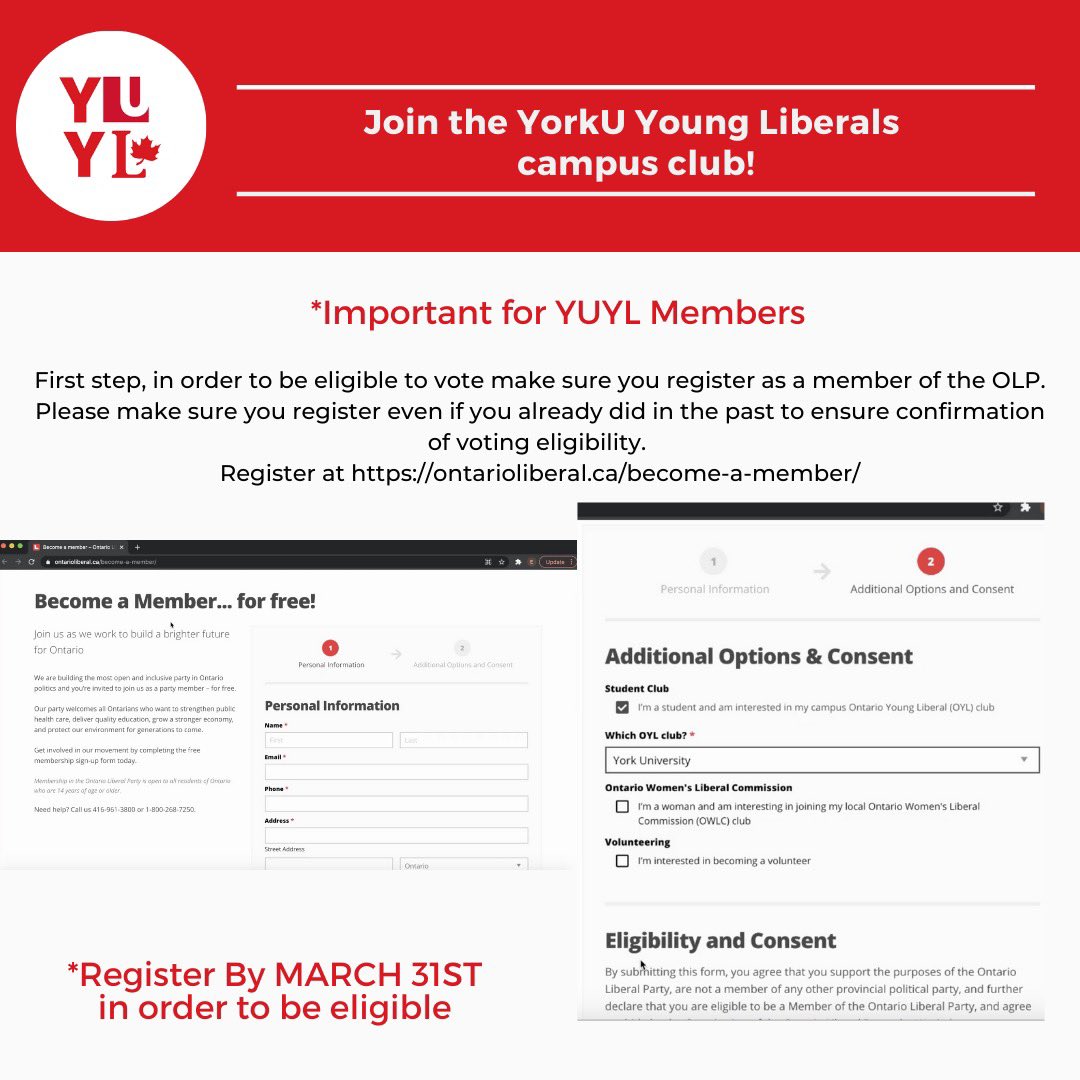 yorkuliberals's tweet photo. Interested in being part of the YUYL executive team? YUYL is having an AGM on April 14th! 

All #YUYL Members are to be registered with the #OLP in order to be eligible to vote at the AGM 

Please register w/ OLP &amp; fill out the google form if interested in running by MARCH 31st! https://t.co/2fxoOsrAZw