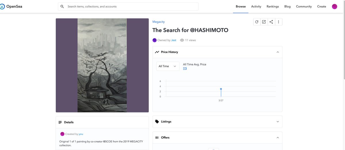 Another painting/NFT combo off the market from the 2019 MEGACITY Collection from co-creator <a href="/SCOE/">scoe</a>. This time for 3 ETH. It does come with the actual painting, of course!

opensea.io/collection/meg…

#NFT #NFTs #ETH (cc: <a href="/PrintPainter/">Roscoe</a>) #cryptoartist