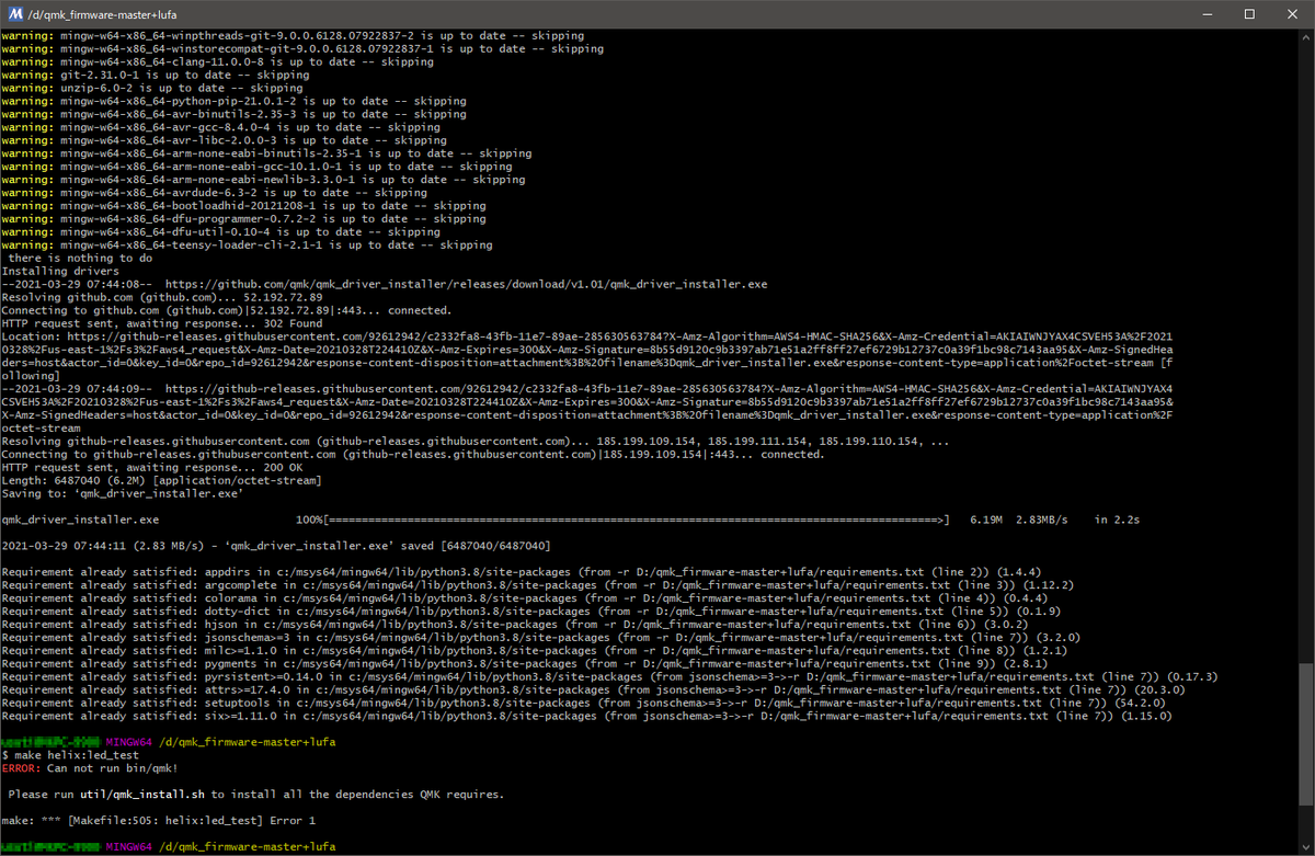 kabcosan's tweet image. ファームウェアをmakeしようとすると「Please run util/qmk_install.sh」で出て出来ないのは何故？
このシェル実行しても、全部揃ってんで！って表示しか出ないのだけど。#自作キーボード #MSYS2 #QMK