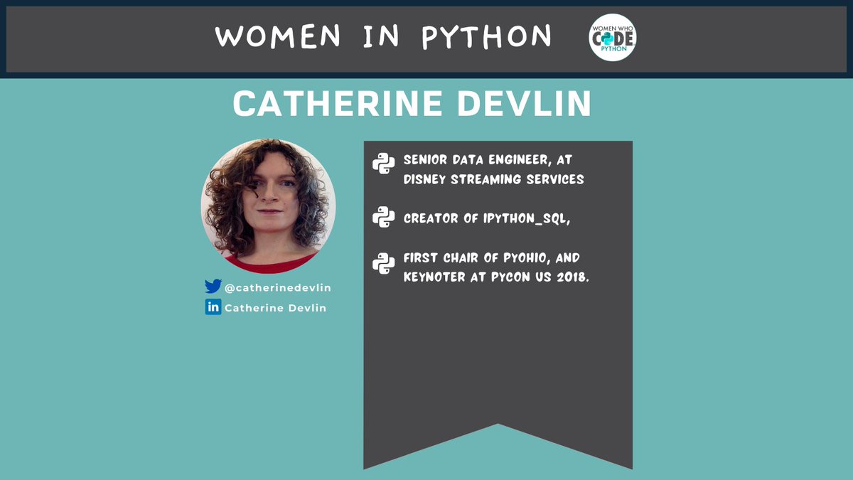 womensoftwarepy's tweet image. Today, we would like to celebrate Catherine Devlin(@catherinedevlin). 
She is Senior Data Engineer,Disney Streaming Services! She also creator of ipython_sql, and the First chair of PyOhio, and keynoter at PyCon US 2018.. 
#python #womenwhocode #womeninpython #womenshistorymonth