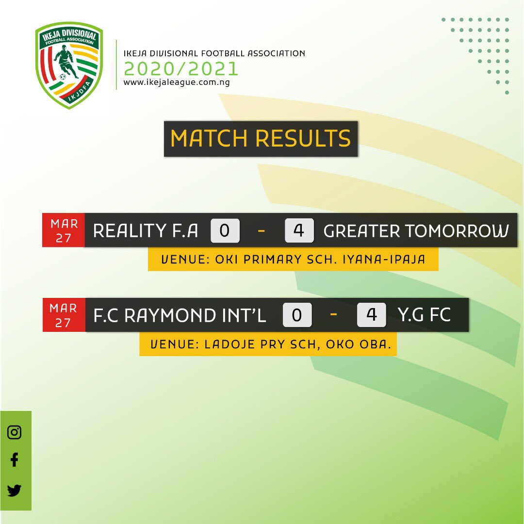 IkejaLeague's tweet photo. #IkejaLeague Match Results 
#IkejaLeague2021 #AmateurFootball #IKDFA https://t.co/SdX20RqN5G