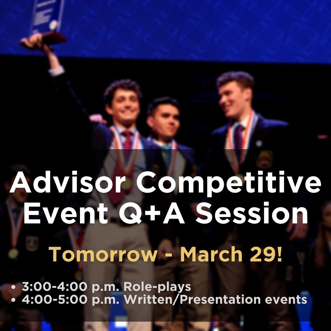 🔷 ICDC Advisors! We'll be LIVE on Zoom tomorrow to answer your competitive event questions! Join here: zoom.us/j/93458008079

🔑 Access DECA Inc.'s competitive event guidelines: deca.org/icdc