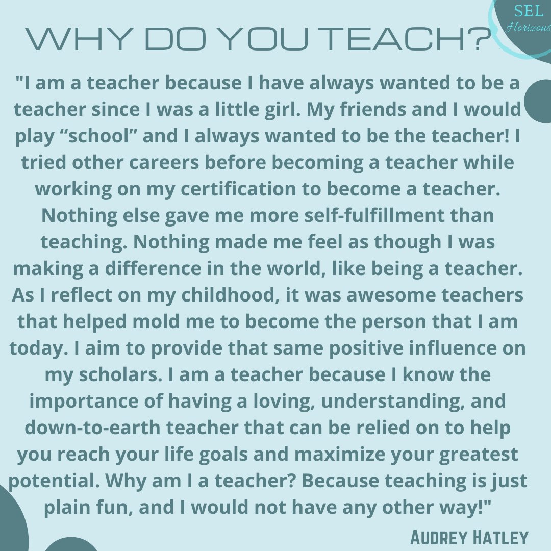 SELHorizons's tweet photo. March Feature Teacher Audrey Hatley 
Keep infinitely impacting our youth, and encouraging educators! Here is a little snip-it of just one of the many ways she brings learning to life through, movements, chants, engagement, and student voice! #SelHorizons #SEL #Movement #Passion https://t.co/Ym30wA2DaU