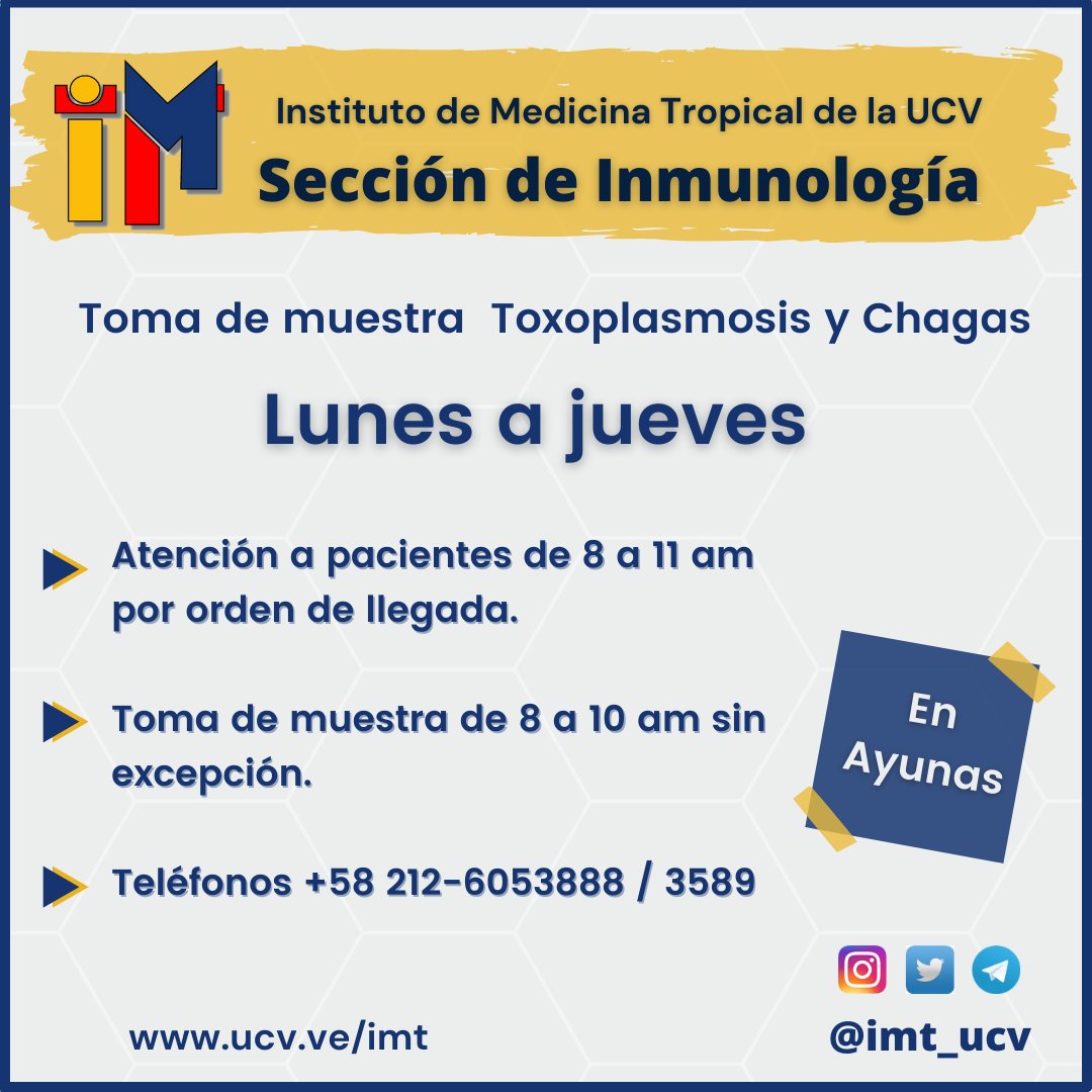 El Instituto de Medicina Tropical ofrece sus servicios a la comunidad en los siguientes horarios, según la especialidad
#ayúdanosaseguirayudando #Infectología #Cardiología #Micología #Parasitología #Inmunología
<a href="/imt_ucv/">Instituto de Medicina Tropical UCV</a>