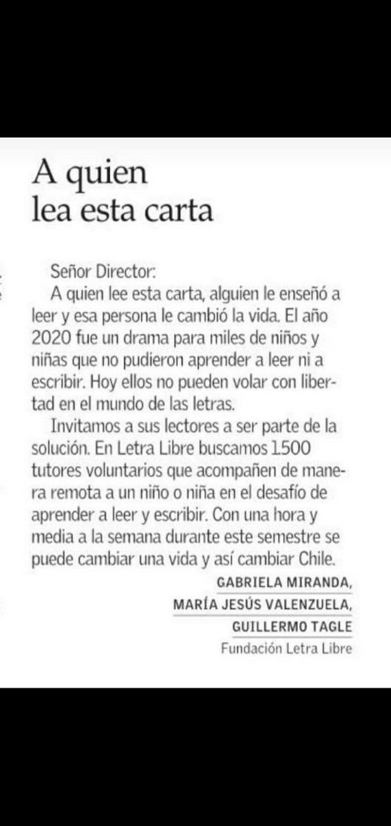 Se buscan 1.500 tutores voluntarios para cambiar Chile en <a href="/letralibre_/">Letra Libre</a> 
Publicada hoy en <a href="/ElMercurio_cl/">elmercurio_cl</a>