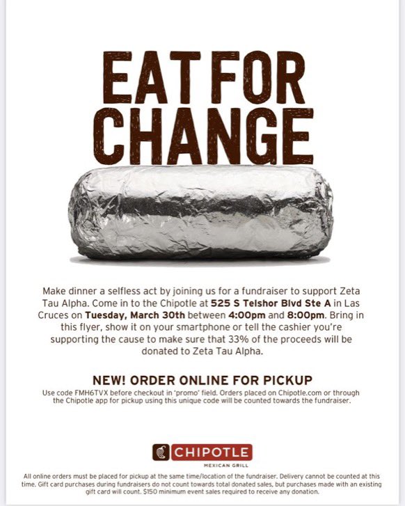 ⭑ Support ZTA’s philanthropy this Tuesday at Chipotle! Show this flyer or mention ZTA when you check out! *also works with online orders* ⭑