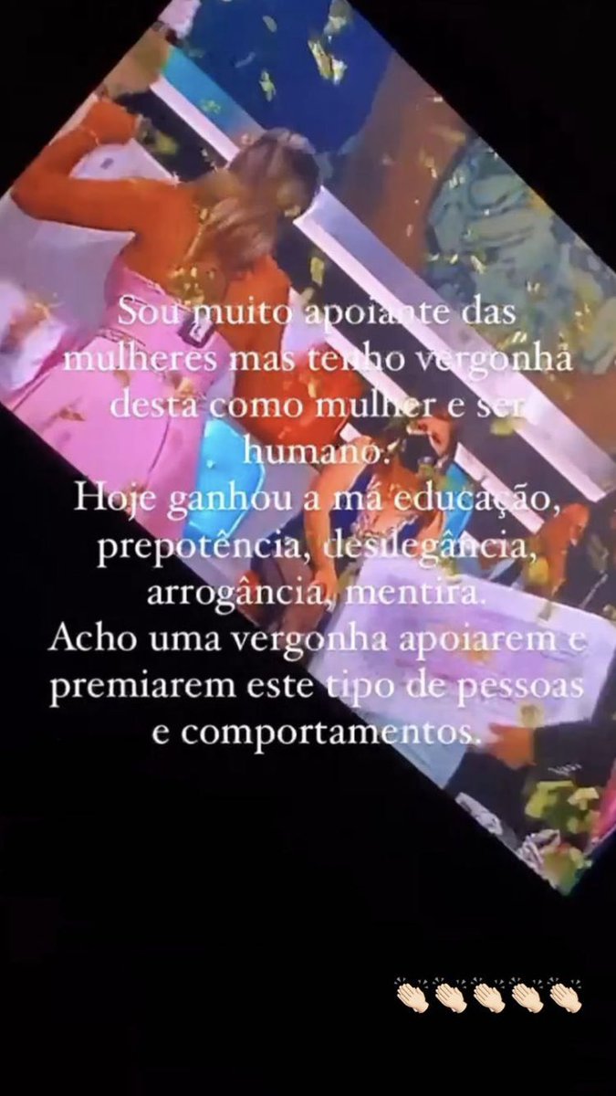 mcutvdtw's tweet photo. ‘Sou muito apoiante das mulheres mas tenho vergonha desta como mulher e ser humano. Hoje ganhou a má educação, prepotência, deselegância, arrogância, mentira. Acho uma vergonha apoiarem e premiarem este tipo de pessoas e comportamentos.’👏🏼 #bbtvi #bbtvi21 #bbtvidi #tvi https://t.co/FJE1fW2Jsm
