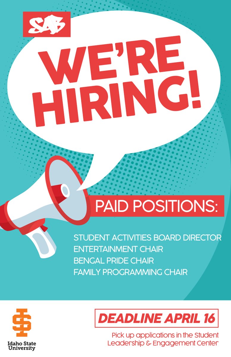 isusab's tweet photo. The Student Activities Board is hiring for the next academic year! If you are interested, come in to the Student Leadership and Engagement Center to pick up an application. The deadline is April 16th, so come see us soon! https://t.co/gbQHRxDPbX