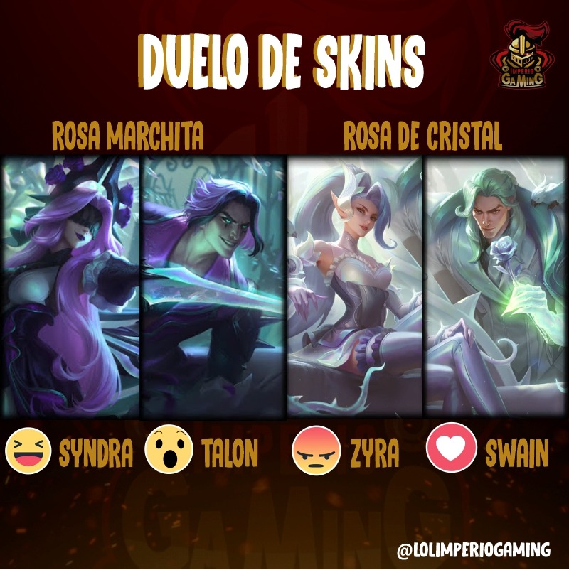 ImperioGaming1's tweet photo. ¿Cuál es la skin de "Rosa Marchita" o  "Rosa De Cristal" Favorita?
❤️: Swain
😮: Talon
😡: Zyra
😂: Syndra
#LeagueOfLegends #lol #riotgames #riotjuegos #leagueofmemes #leagueoflegendsedit #LeagueofLegends #league_of_legends #skins #syndra #talon #zyra #swain https://t.co/oJPTqz3DJm