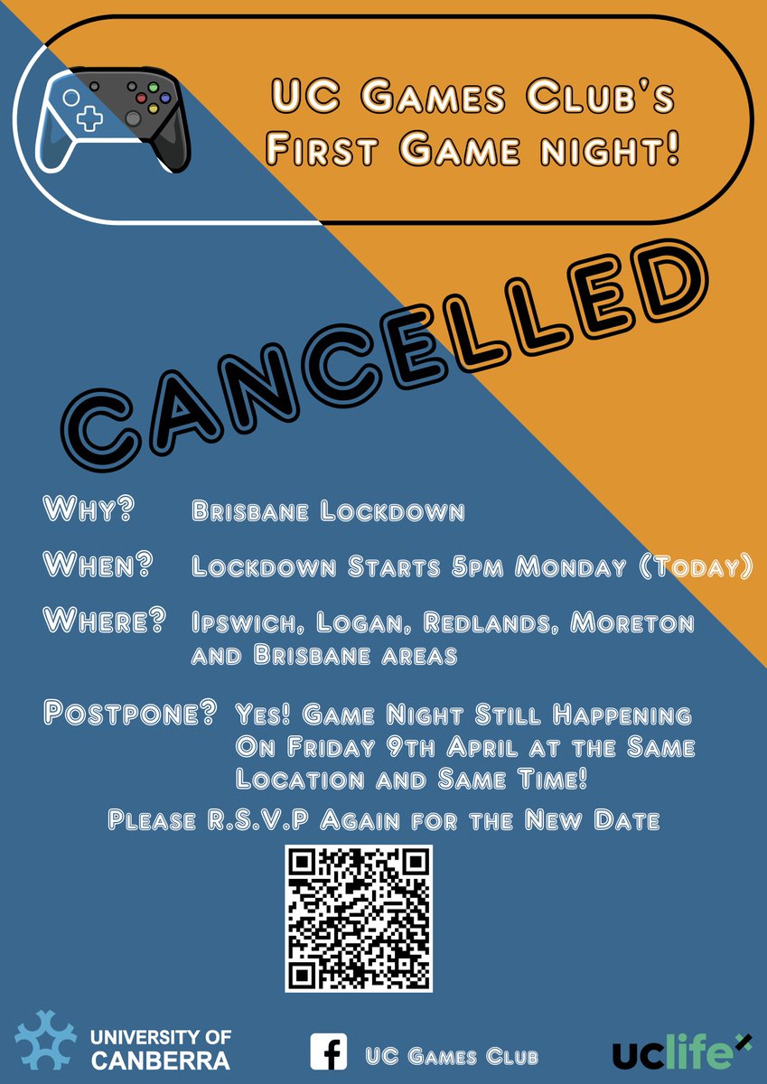 UC_GameDev_Club's tweet photo. We regret to inform you that we are postponing our Game Night. Details can be found in the new RSVP form https://t.co/MRApDNOnwu
#UCGDC #UCGC #UniCBR https://t.co/pv98oILwR2