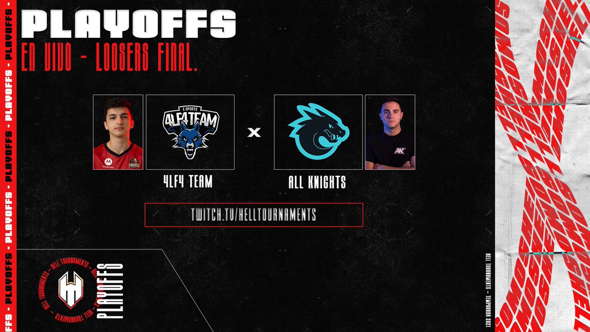 [Playoffs]

Ya está por jugarse la final del loser bracket donde @allknights_la se enfrentará con <a href="/4LF4TEAM/">4LF4 TEAM</a> no te lo pierdas😈‼️

⏰21:00hrs CL
📺twitch.tv/HellTournaments 

#GoH3LL
#CallOfDutyBlackOpsColdWar
