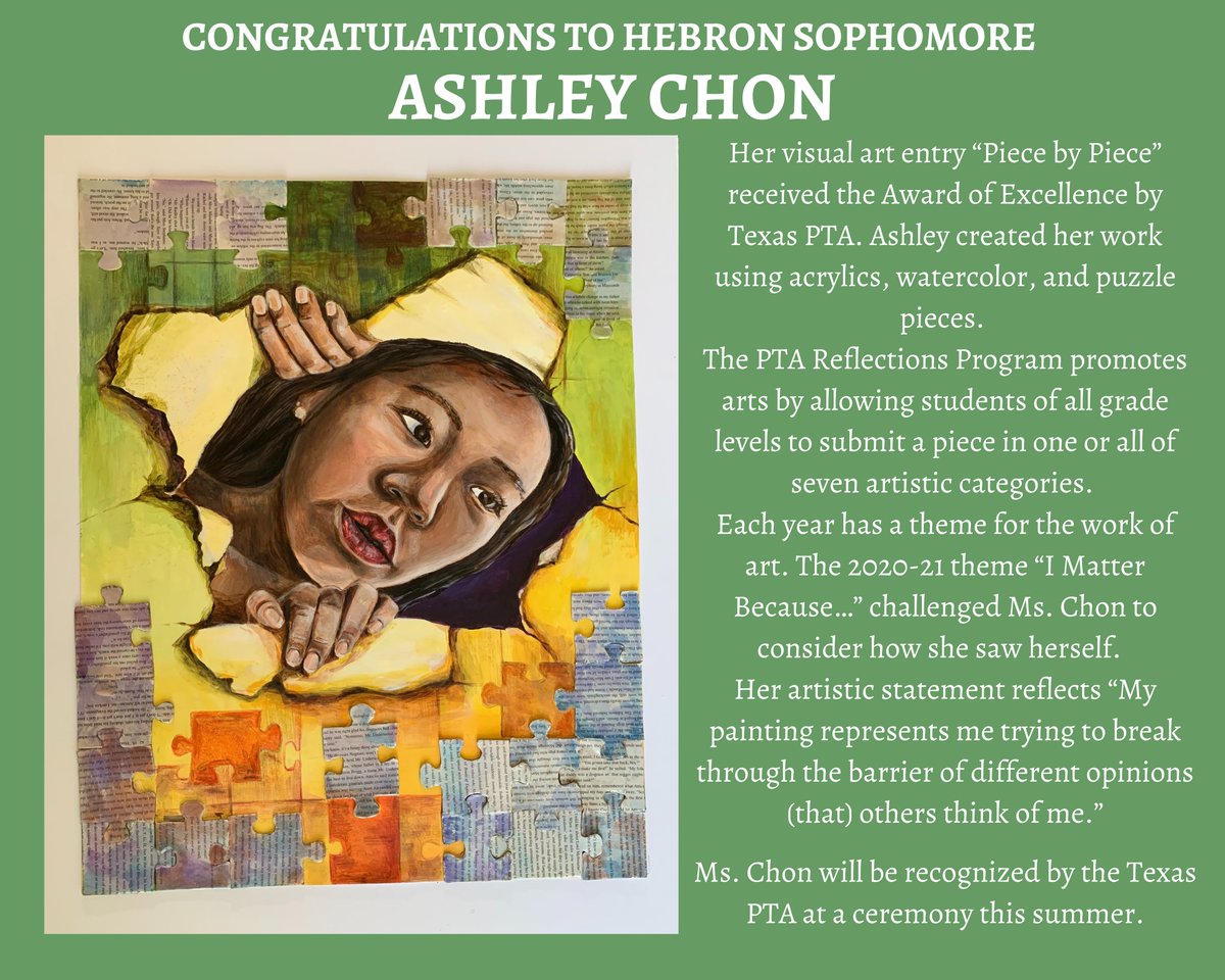 Congratulations to Ashley Chon!!  Ms. Chon will be recognized by the Texas PTA at a ceremony this summer.  For more information on the National PTA Reflections program 
pta.org/home/programs/…