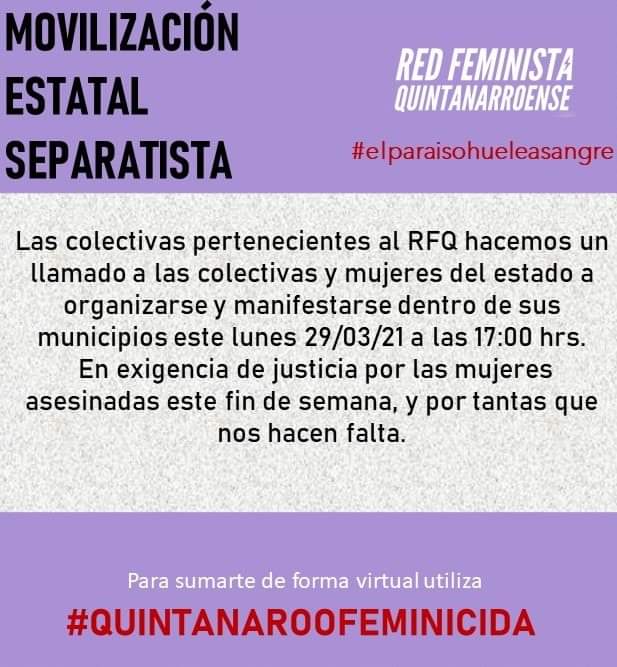 SiempreUnidasPC's tweet photo. #QRoo Ante la violencia machista, resistencia feminista. ♀️
📢 Colectivas de la RFQ hacemos un llamado a movilizarnos a nivel estatal. Estaremos saliendo a las calles y haciendo actividades en cada municipio. 
#QuintanaRooFeminicida #AccionesNoSimulaciones 
#ElParaísoHueleASangre https://t.co/rwRdmIUBJJ