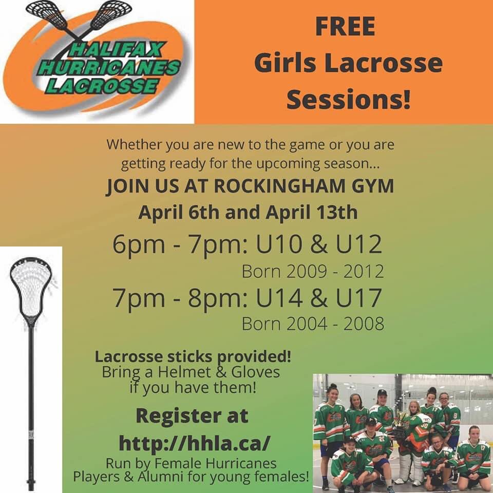 Great opportunity to give girls lacrosse a try or get floor time in.  
For new or experienced players.  
Sign up now. 
<a href="/M_Veinotte/">Mary Veinotte</a> 
<a href="/HH_Ringette/">Hurricanes Ringette</a> 
@Sportwheels 
<a href="/ClevesSFS/">Cleve's Source for Sports</a> 
<a href="/MetroWestForce/">Metro West Force</a> 
<a href="/OxfordAthletic1/">Oxford School Clubs and Teams</a> 
<a href="/CitadelAthletic/">Citadel Athletics</a> 
<a href="/sprycommunity/">spryfield community</a> 
@rockinghamelem