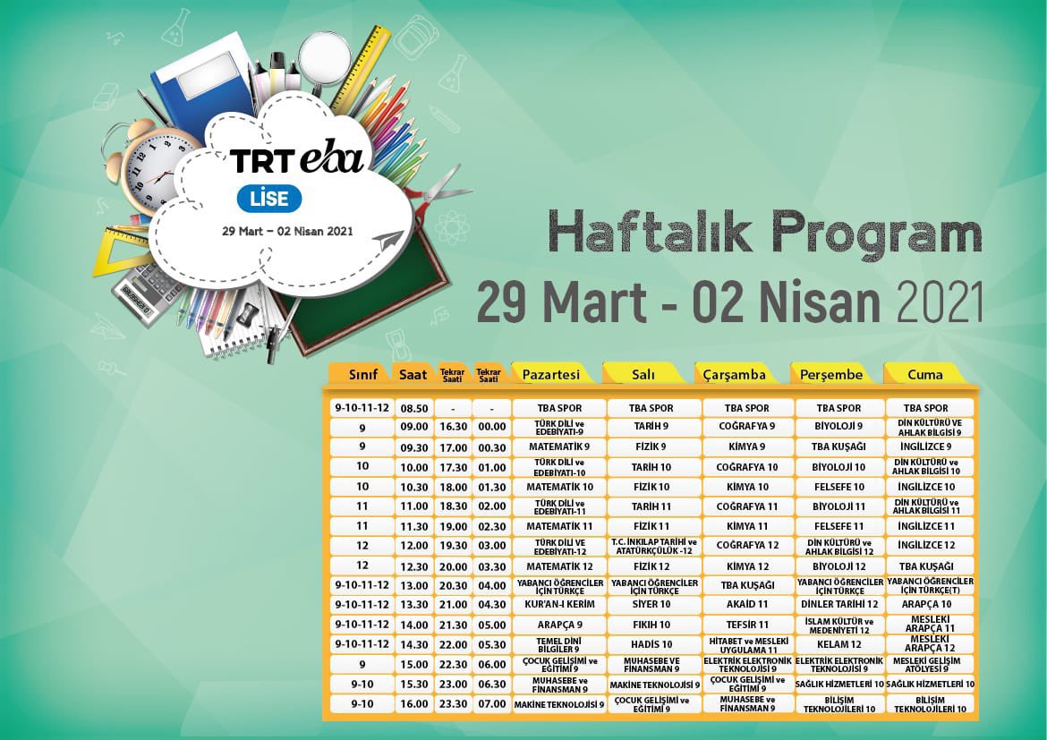#TRT #EBA 🔔
Uzaktan Eğitim Yayın Akışı

📚 #İlkokul, #Ortaokul, #Lise
🗓 29 Mart - 2 Nisan 2021
🖥 Haftalık Program

<a href="/trt_ebatv/">TRT EBA</a> <a href="/egitimbilisim/">EBA</a> <a href="/tcmeb/">Millî Eğitim Bakanlığı</a> <a href="/ziyaselcuk/">Ziya Selçuk</a> <a href="/memleventyazici/">Levent Yazıcı</a> <a href="/istanbulilmem/">İstanbul İl Millî Eğitim Müdürlüğü</a> <a href="/ist_arge/">İSTANBUL MEM AR-GE</a> <a href="/ErsahinMustafa/">Mustafa Erşahin</a>