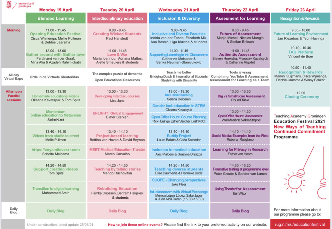 wijmenga_cisca's tweet photo. Coming up April 19-23: ⁦@univgroningen⁩ education festival! Keep an eye on our website for more information. An overview of the exciting program 👇 https://t.co/ozqW9zXlFO