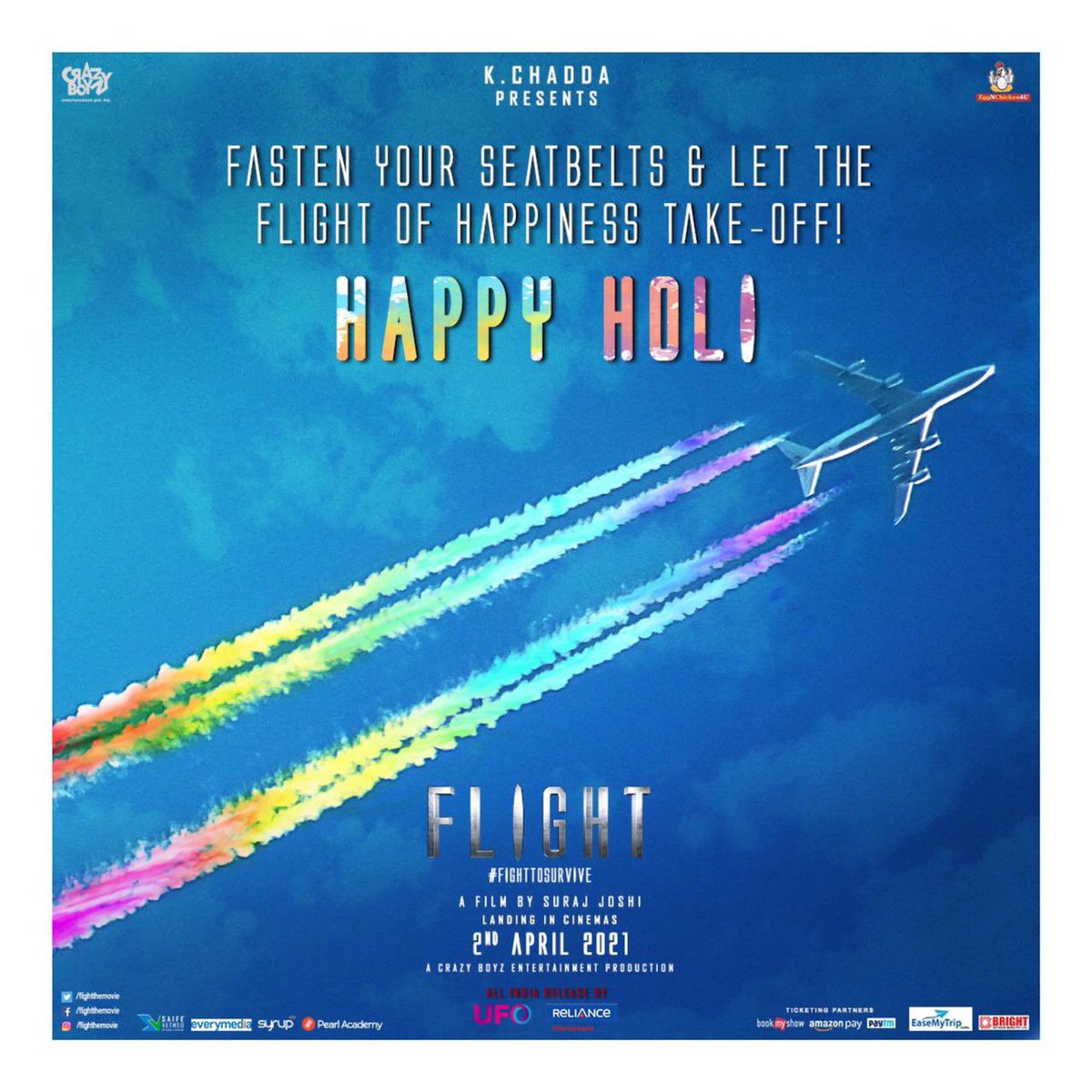 Team #Flight wishes everyone a very colorful, safe and happy holi!

C you in cinemas on 2nd April. ✈️
#FightToSurvive

<a href="/flightthemovie/">FLIGHT</a> <a href="/rowdy_jo/">Suraj Joshi</a> <a href="/HeyIshita/">Ishita Sharma</a> 

#HappyHoli #होली #Holi2021 #RangBarse #HappyHoli2021

<a href="/FanViveck/">Viveck Vaswani</a> <a href="/shibanib/">Shibani Bedi</a> <a href="/iampritampyaare/">Pritam Singh also known as pritam pyaare</a> <a href="/Babitaashiwal/">Babita Ashiwal</a> <a href="/_rohitchadda/">Rohit Chadda</a>