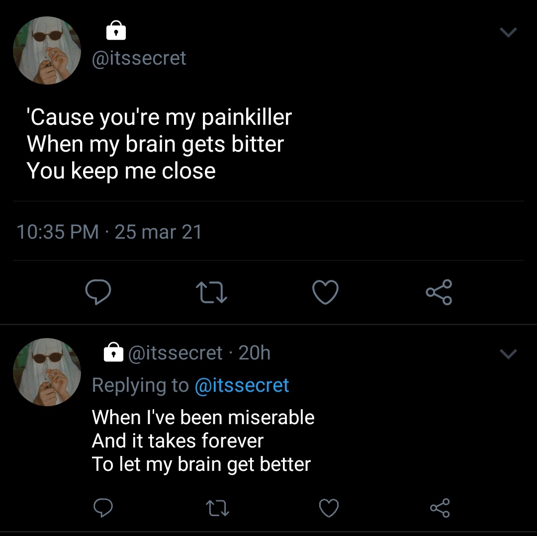ltommo94's tweet photo. 141.0 - Painkiller 

{Porque você é meu analgésico
Quando meu cérebro fica amargo
Você me mantém perto
Quando eu estava miserável
E leva uma eternidade
Para deixar meu cérebro melhorar} https://t.co/K6oKIhHRpN