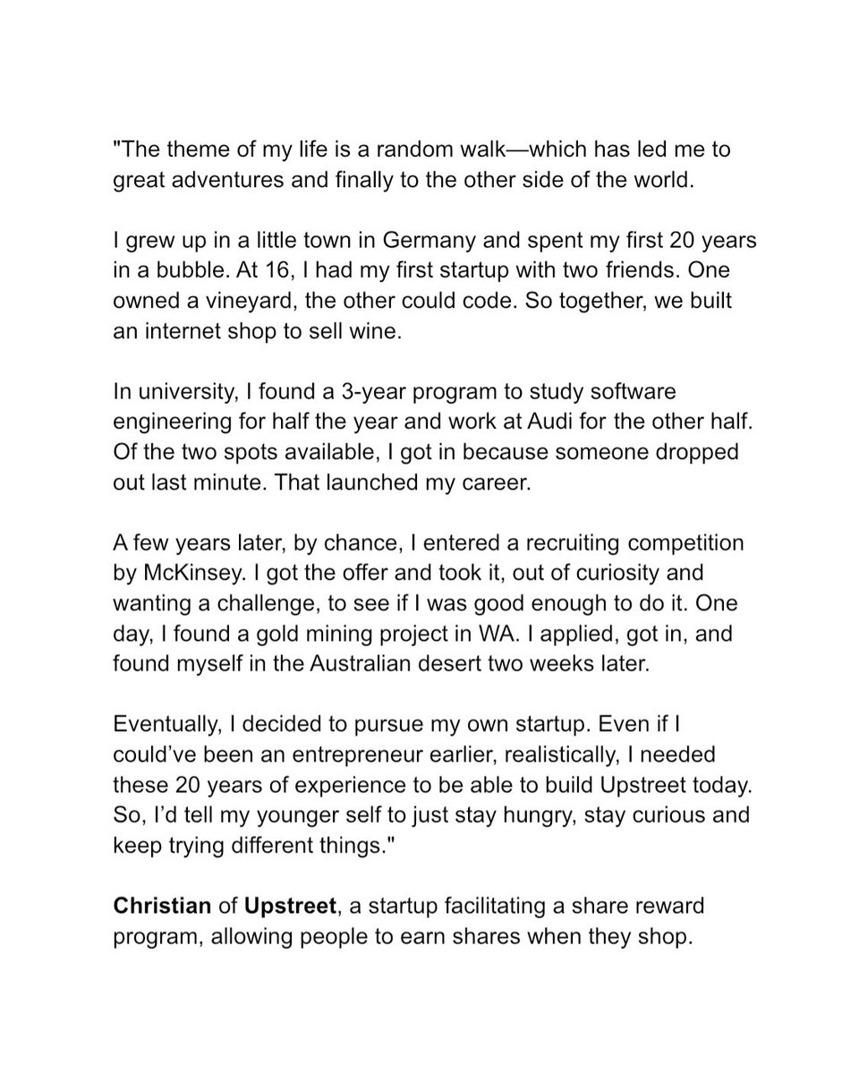 shirtsofstartup's tweet image. "The theme of my life is a random walk—which has led me to great adventures and finally to the other side of the world.

I grew up in a little town in Germany and spent my first 20 years in a bubble...”

Featured: Christian of @get_upstreet

#shirtsofstartups #startups #founders