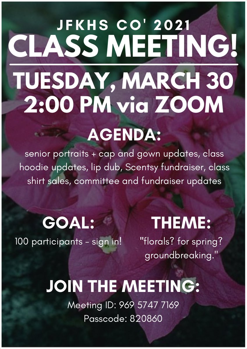 JFKHS2021's tweet photo. heyyyy seniors!! hope y’all are enjoying spring break :)) we have a class meeting tomorrow where we will be going over a lot of exciting info, so please attend!! https://t.co/tZALcZE7kW
