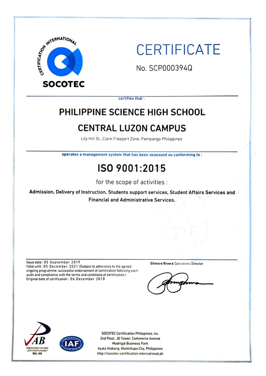 PSHS_CLC's tweet photo. We are ISO 9001:2015 certified once again.
Rest assured that we will remain committed in providing the best services to our scholars and to the community.Β
#TruthExcellenceService #HeartofExcellenceinCentralLuzon #DOSTScienceforthePeople https://t.co/z0k1V5XjyG