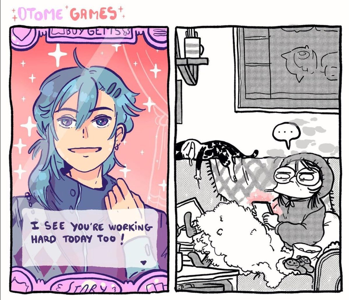Hello ! I'm surprised but very happy this got so much attention ? Welcome welcome.
If you liked this, you can read more of my comics on my main @heyluchie or my instagram https://t.co/TJEjFiCat1 ! Here's a short one about Otome Games 