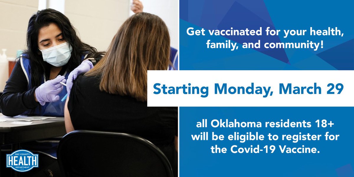 davidfholt's tweet image. This is it.  Your time is now.  All adults are now eligible to receive the COVID-19 vaccine.  Start looking for your appointment at VAXOKC.com!   Keep checking there if you strike out. They’re added all the time!