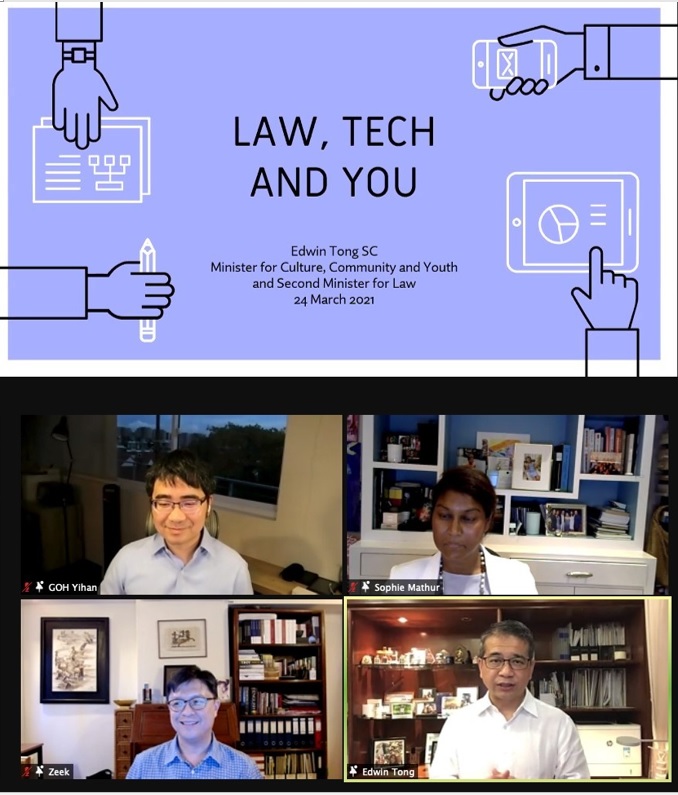 SgSMUYPHSL's tweet photo. On 24 Mar, #SMUSOL had the honour of hosting Mr Edwin Tong SC, Minister for Culture, Community & Youth & Second Minister for Law, as the Guest-of-Honour & keynote speaker of our virtual dialogue, “Law, Tech & You”; organised by #SMUSOL’s Legal Innovation & Technology Club (LIT). https://t.co/E80A8zUscc
