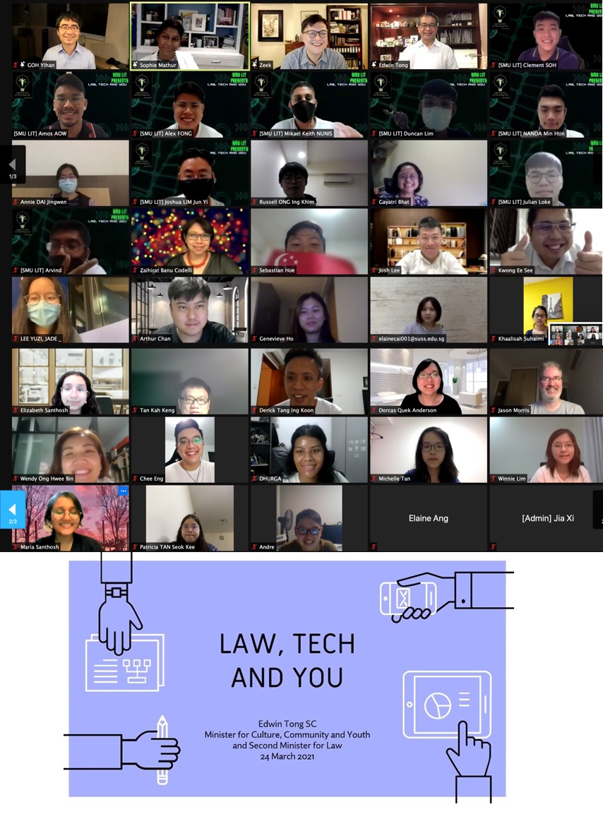 SgSMUYPHSL's tweet photo. On 24 Mar, #SMUSOL had the honour of hosting Mr Edwin Tong SC, Minister for Culture, Community & Youth & Second Minister for Law, as the Guest-of-Honour & keynote speaker of our virtual dialogue, “Law, Tech & You”; organised by #SMUSOL’s Legal Innovation & Technology Club (LIT). https://t.co/E80A8zUscc