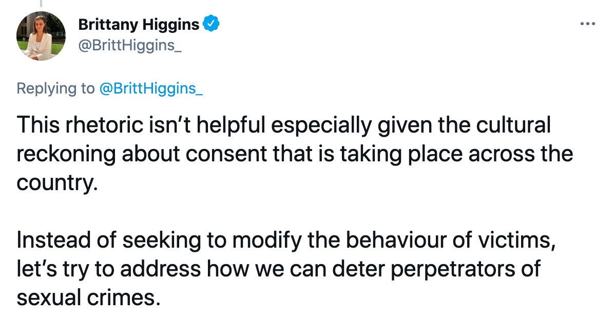 #BREAKING: @BrittHiggins_ responds to #JeremyCordeaux's 'silly little girl who got drunk' comments:

'This rhetoric isn’t helpful especially given the cultural reckoning about consent...let’s try to address how we can deter perpetrators of sexual crimes.'

@6NewsAU #auspol