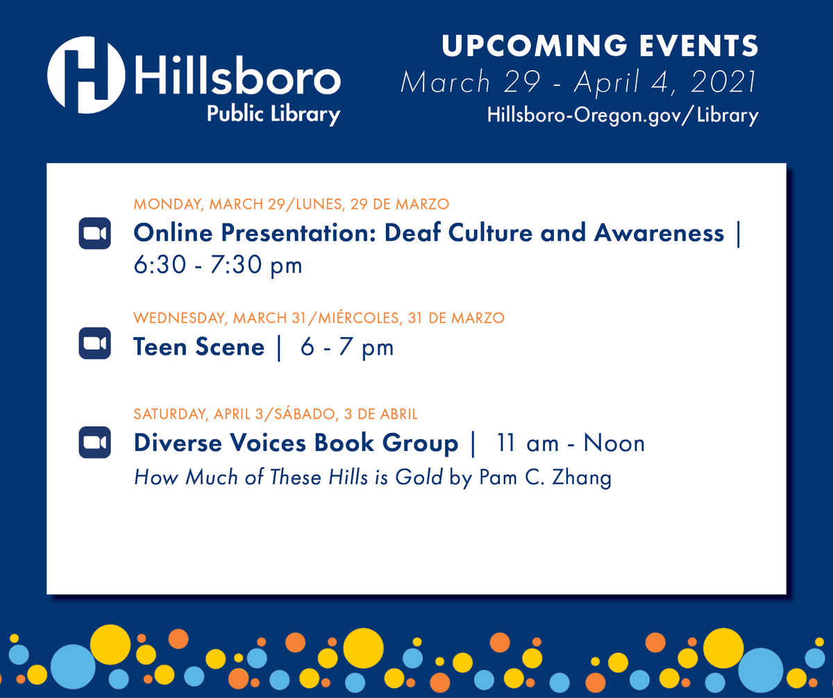 HillsboroLib's tweet photo. Coming up this week for #HPLAtHome @CityofHillsboro: A presentation on Deaf Culture and Awareness, our weekly Teen Scene, and Diverse Voices Book Group.  #WCCLSAtHome #FindYourNext #NationalDeafHistoryMonth #DeafCulture

Find more library events at https://t.co/BXvgbHySfF https://t.co/c9qd42ffuU