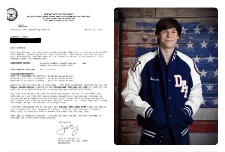 PatriotsDar's tweet photo. Congratulations Brandon on your ROTC Scholarship! We are proud of you! #PatriotFamily https://t.co/yvKr6lBS77