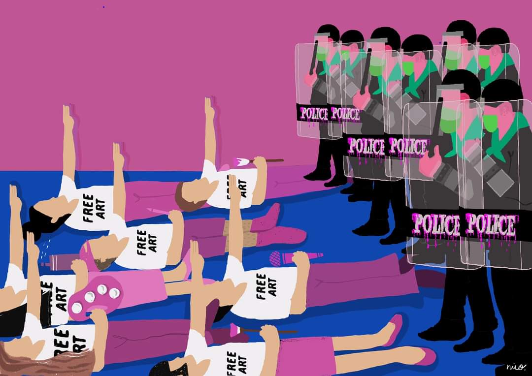 PravitR's tweet image. Thai monarchy-reform demonstrators staging civil disobedience by laying down and flashing 3-fingers salute yesterday. They were all arrested. Art by Nilobon #Thailand #whatshappeningthailand #ม็อบ28มีนา #หมู่บ้านทะลุฟ้า #เลือกตั้งเทศบาล64