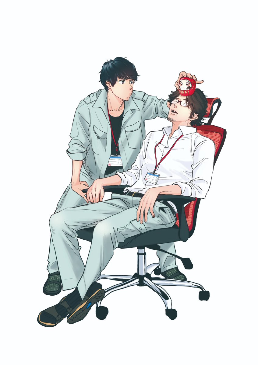 multiple boys 2boys male focus sitting black hair chair office chair  illustration images