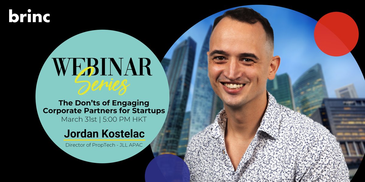 brincvc's tweet photo. Don't miss the Brinc Webinar Series this Wednesday (31/3) at 5pm HKT as Jordan Kostelac, Director of PropTech - JLL APAC will be discussing common mistakes he's seen from startups and how you can get ahead of the crowd: https://t.co/5u2fTtyhXY https://t.co/5GROYmLpHr
