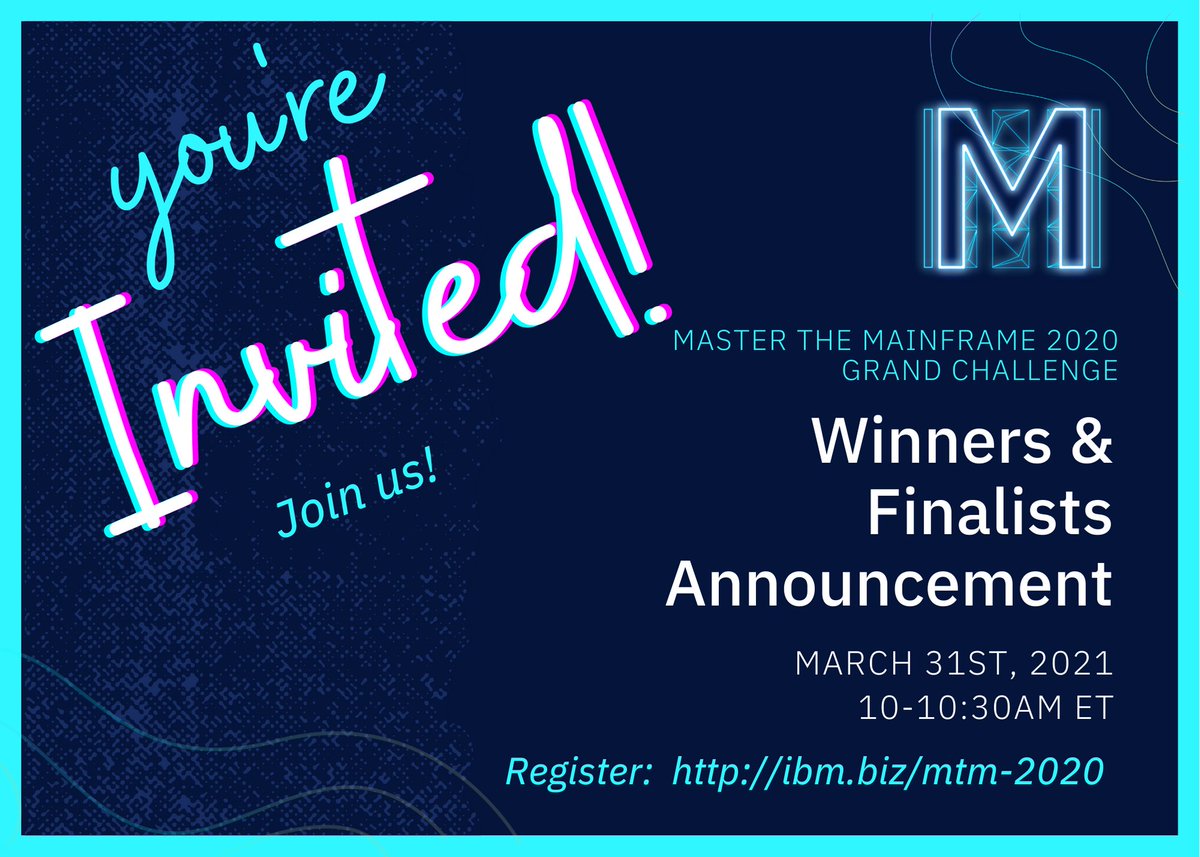 AngelHack's tweet image. 🔊 JOIN US:
The countdown is on! Just 3 days till the winners are announced in the #MastertheMainframe competition! Join us for the Winners &amp;amp; Finalists Announcement on March 31st from 110:30AM ET. 
Register here: ibm.biz/mtm-2020