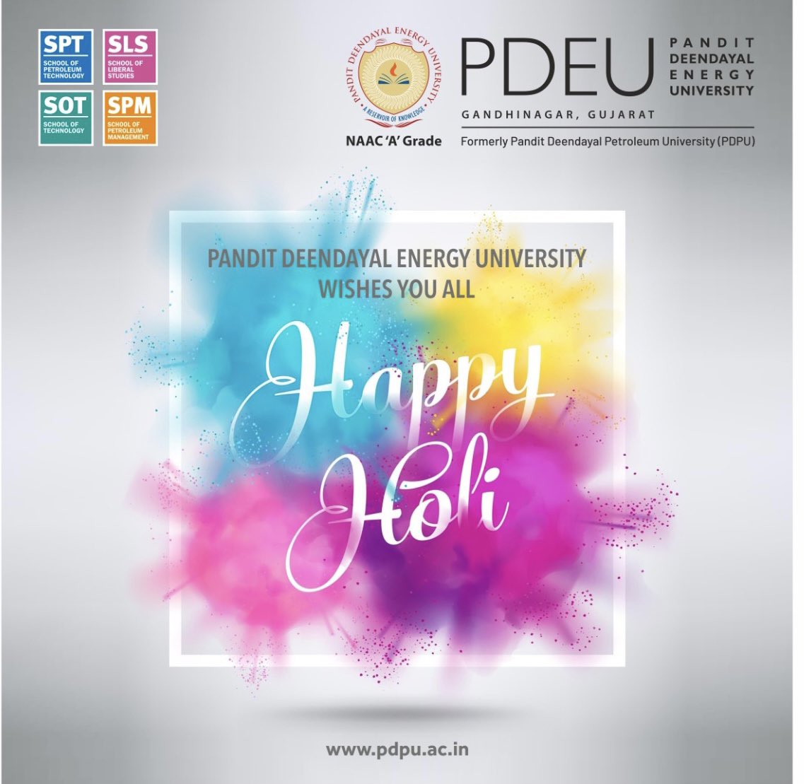 May God give you all the colours of life, colours of joy, colours of happiness, colours of friendship, colours of love and all other colours you want to paint in your life. Happy Holi.

#holi #festivegreetings #pdeu #pdeuindia #HappyHoli #india