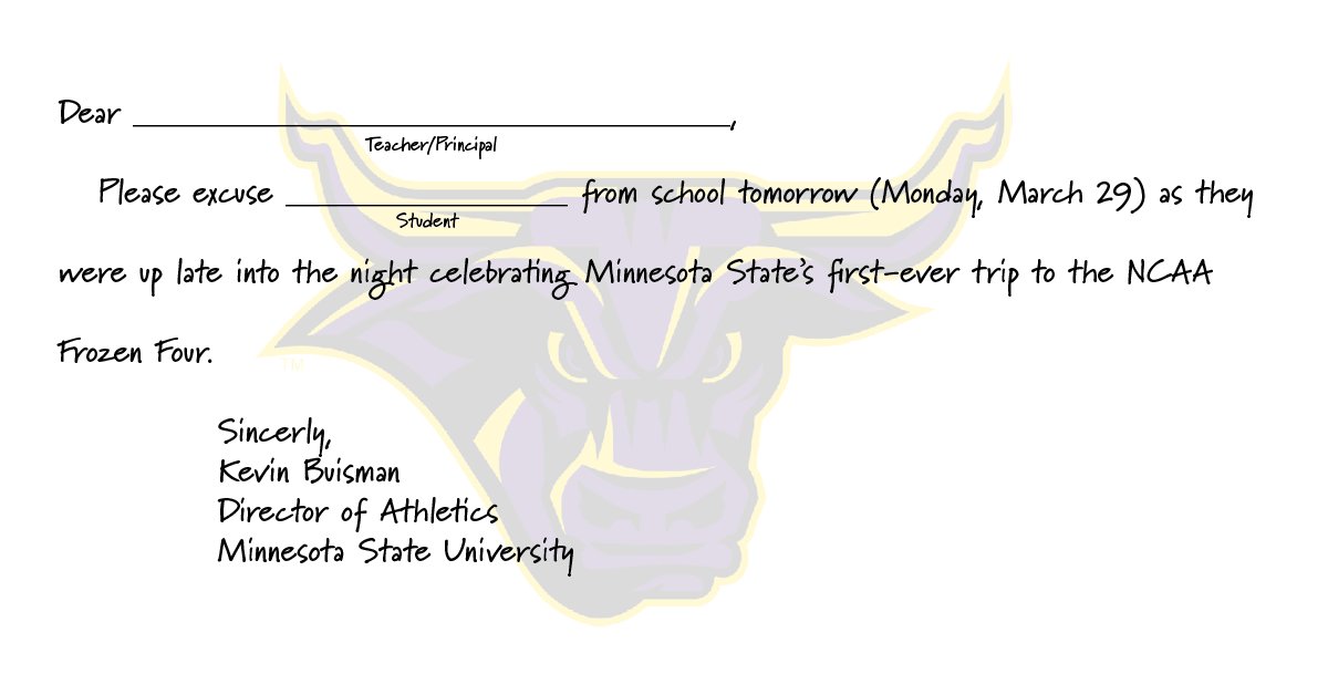 MinnStAthletics's tweet photo. Need a written excuse to miss work or school because you are celebrating?  We gotcha, #MavFam https://t.co/smMo2IjQ2P